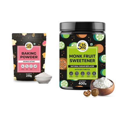 5:15PM Baking Powder 250g | Double Acting, Leavening Agent for Cooking Cake, Breads, Pizza | 5:15PM Monk Fruit Sweetener with Erythritol | Natural Sugar (400g)