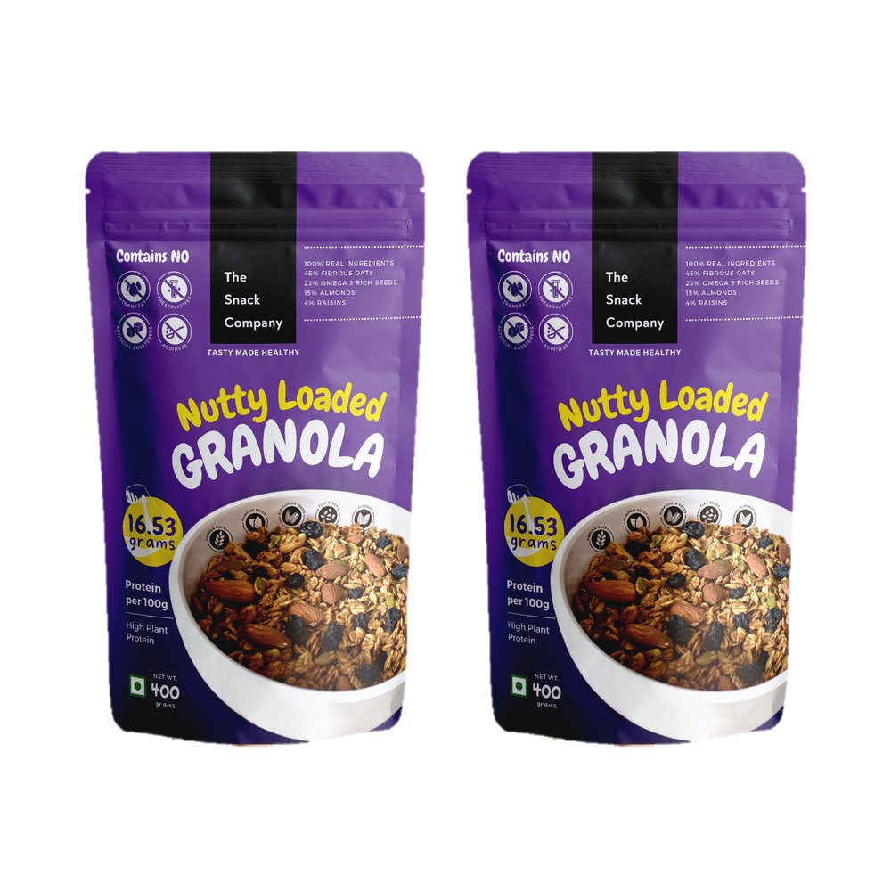 The Snack Company Nutty Loaded Granola| 45% Oats | 42% Nuts, Seeds & Fruits | Healthy Breakfast Cereal 400 grams x 2
