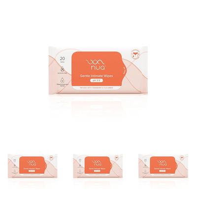 Nua Gentle Intimate Wipes | Infused with Cranberry, Cucumber and Aloe | Alcohol and Artificial-Fragrance Free | 100% Biodegradable (Pack of 4)