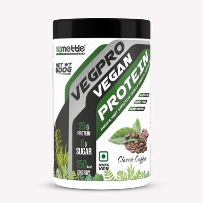 Getmymettle VegPro Vegan Plant Protein Powder | Protein 24g per scoop | Pea Protein Isolate with Digestive Enzyms | Low Carbs (600g, Classic Coffee)