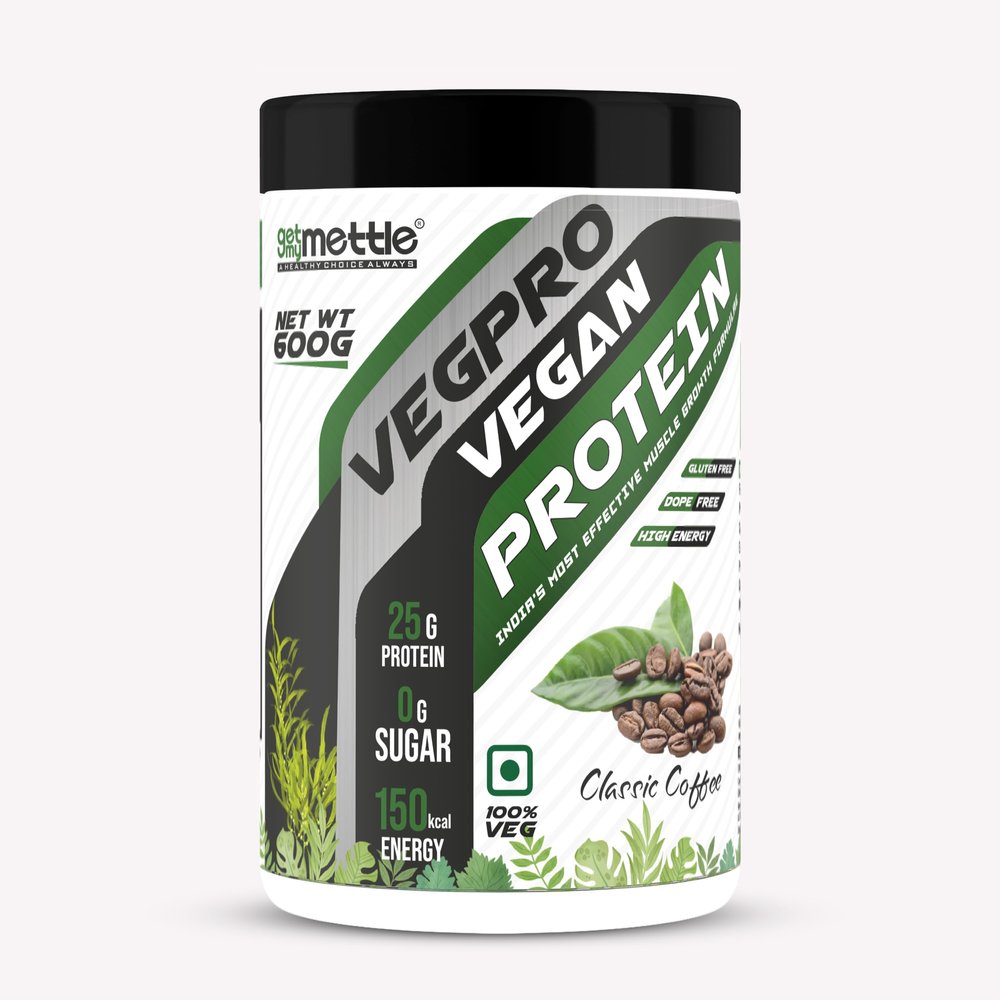 Getmymettle VegPro Vegan Plant Protein Powder | Protein 24g per scoop | Pea Protein Isolate with Digestive Enzyms | Low Carbs (600g, Classic Coffee)
