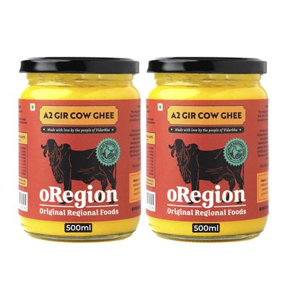 oRegion A2 Gir Cow Desi Ghee | 100% Pure & Organic | Grass-Fed Gir Cows | Vedic Bilona Churned | Lab Tested | 500ml (Pack of 2)