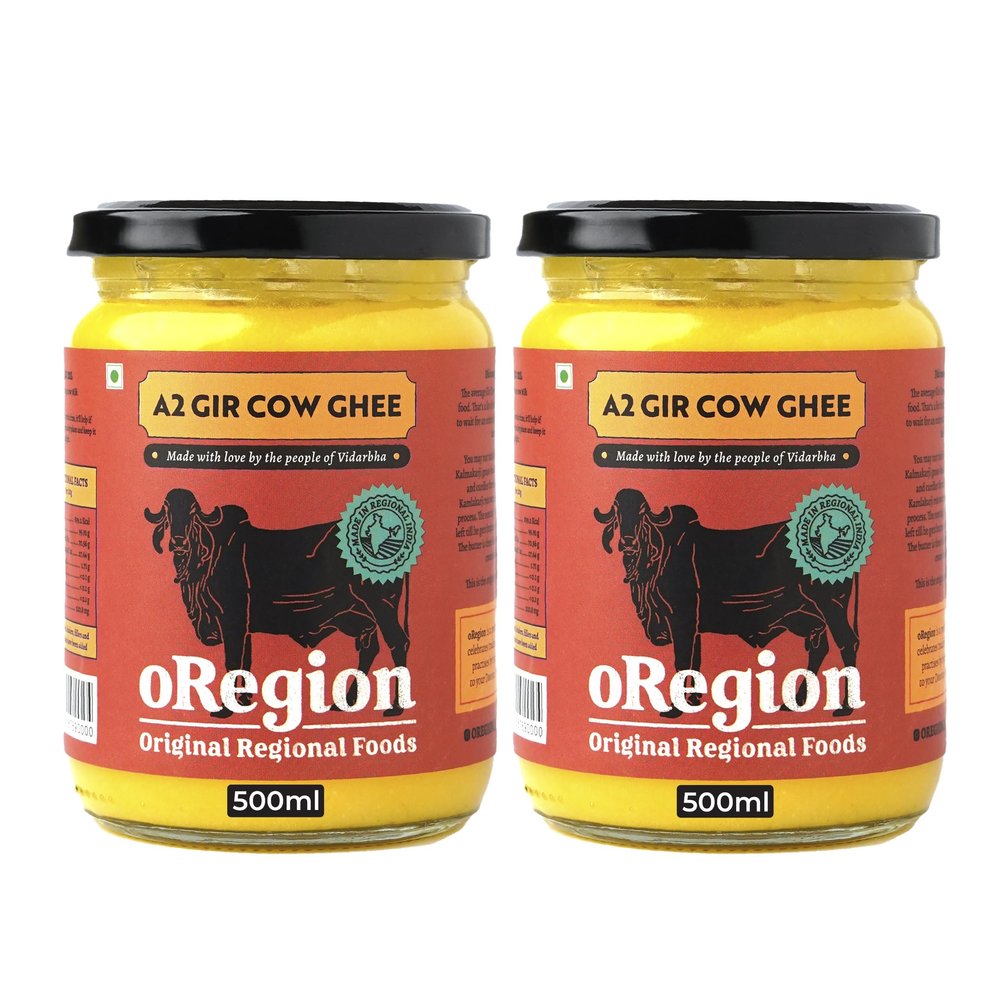 oRegion A2 Gir Cow Desi Ghee | 100% Pure & Organic | Grass-Fed Gir Cows | Vedic Bilona Churned | Lab Tested | 500ml (Pack of 2)