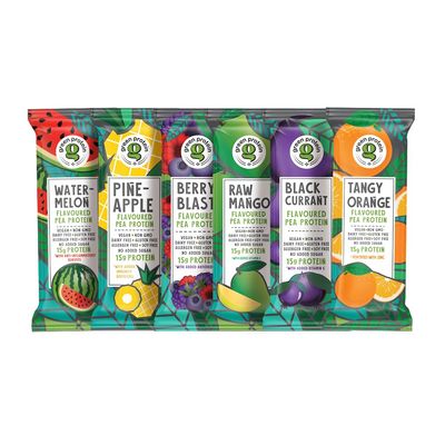 GREEN PROTEIN Pea Protein Isolate Powder Dairy, Gluten, Allergen, Soy Free Pineapple, Black Currant, Berry Blast, Mix Fruit, Raw Mango and Orange Flavor, 6 Flavors x 2 Sachets, Pack Of 12, 23g each
