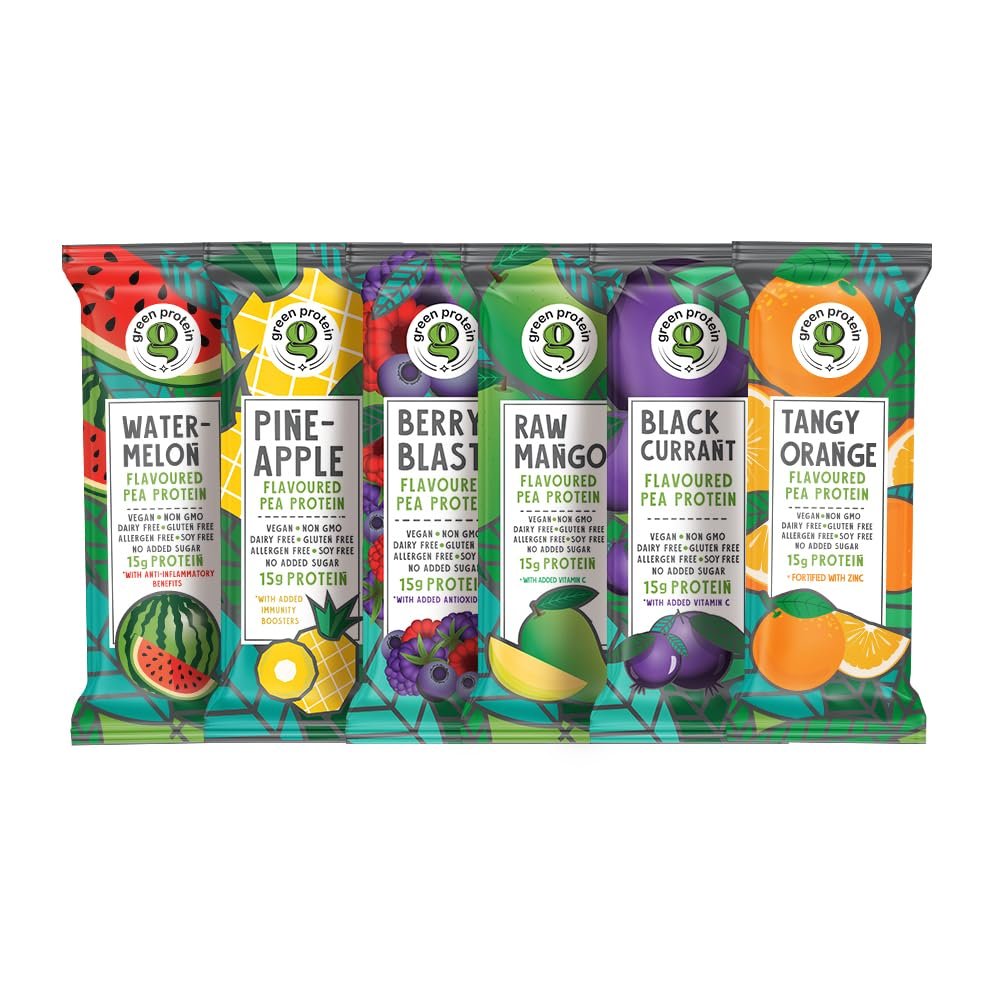 GREEN PROTEIN Pea Protein Isolate Powder Dairy, Gluten, Allergen, Soy Free Pineapple, Black Currant, Berry Blast, Mix Fruit, Raw Mango and Orange Flavor, 6 Flavors x 2 Sachets, Pack Of 12, 23g each