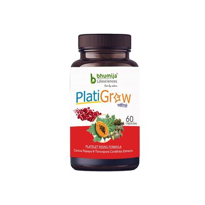 Bhumija Lifesciences PlatiGrow 500 mg 60 Capsules, Improves Platelet Count, Carica Papaya & Giloy Tulsi Extracts