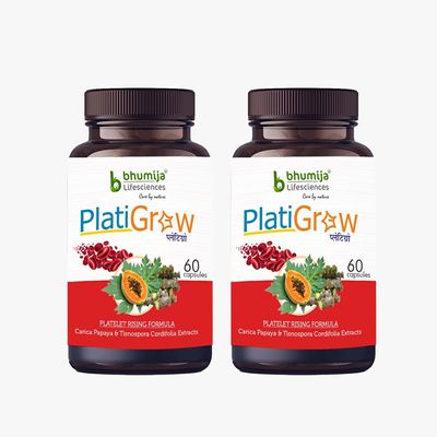 Bhumija Lifesciences PlatiGrow 500 mg 60 Capsules, Improves Platelet Count, Carica Papaya & Giloy Tulsi Extracts (Pack of 2)