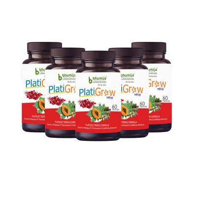 Bhumija Lifesciences PlatiGrow 500 mg 60 Capsules, Improves Platelet Count, Carica Papaya & Giloy Tulsi Extracts (Pack of 5)