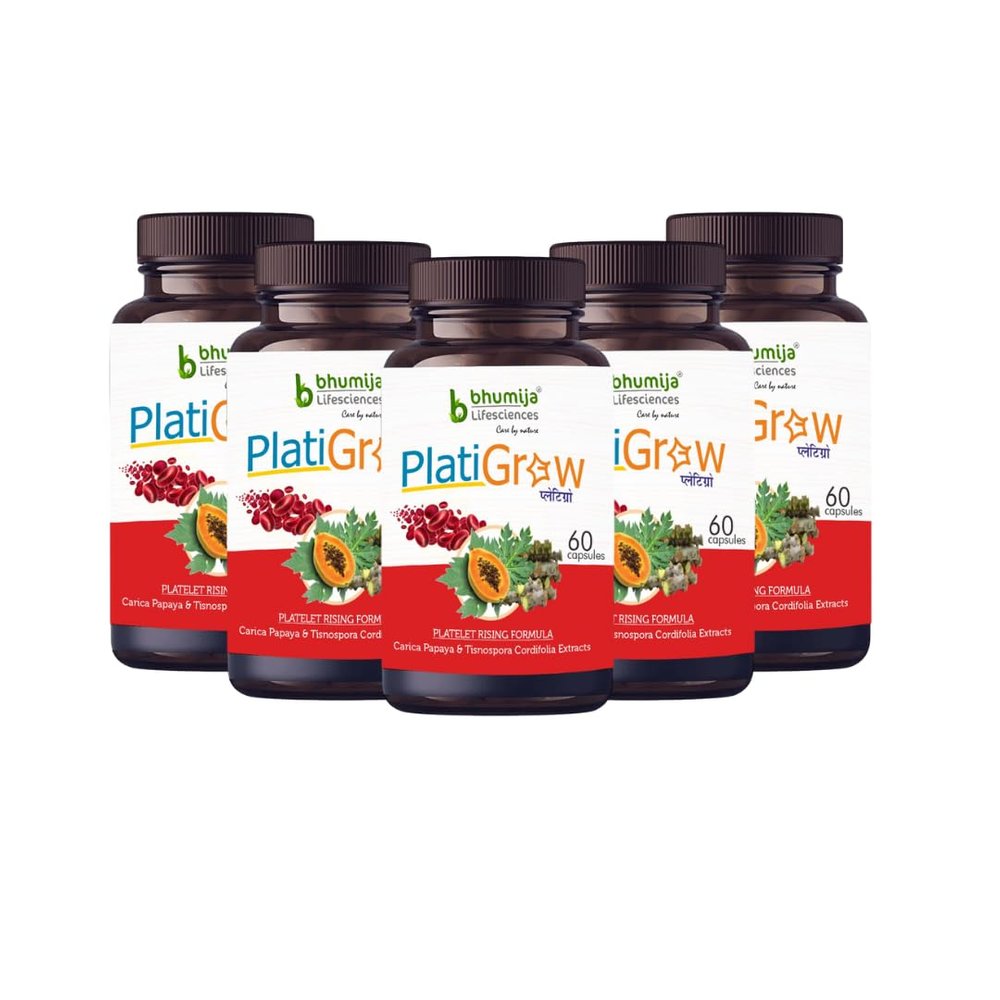 Bhumija Lifesciences PlatiGrow 500 mg 60 Capsules, Improves Platelet Count, Carica Papaya & Giloy Tulsi Extracts (Pack of 5)