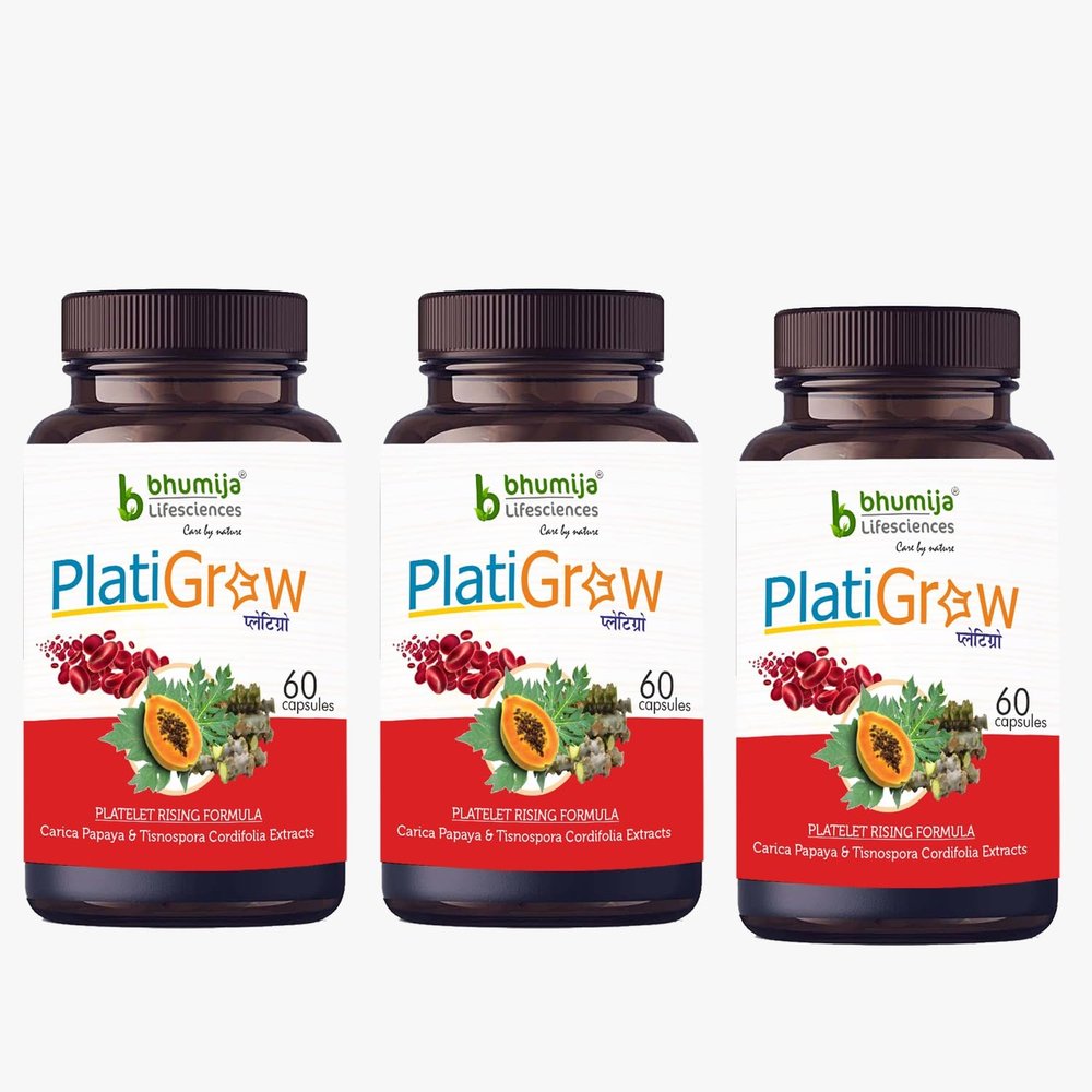 Bhumija Lifesciences PlatiGrow 500 mg 60 Capsules, Improves Platelet Count, Carica Papaya & Giloy Tulsi Extracts (Pack of 3)