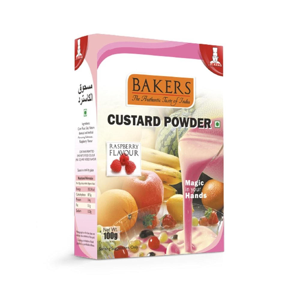 BAKERS Custard Powder | Raspberry Flavor | (100g x 4, 400g) | Contains No Eggs | Long Shelf Life | Makes Smooth, Creamy, Testy & Juicy Custard | Quick & Easy to Make |Best For Fruit Salads & Puddings