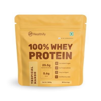 Healthifyme 100% Whey Protein Powder- 1 KG, Isolate & Concentrate, With Digestive Enzymes, 25.5gm protein, No added Sugar, Zero Preservatives, Muscle Support & Recovery (Mango)