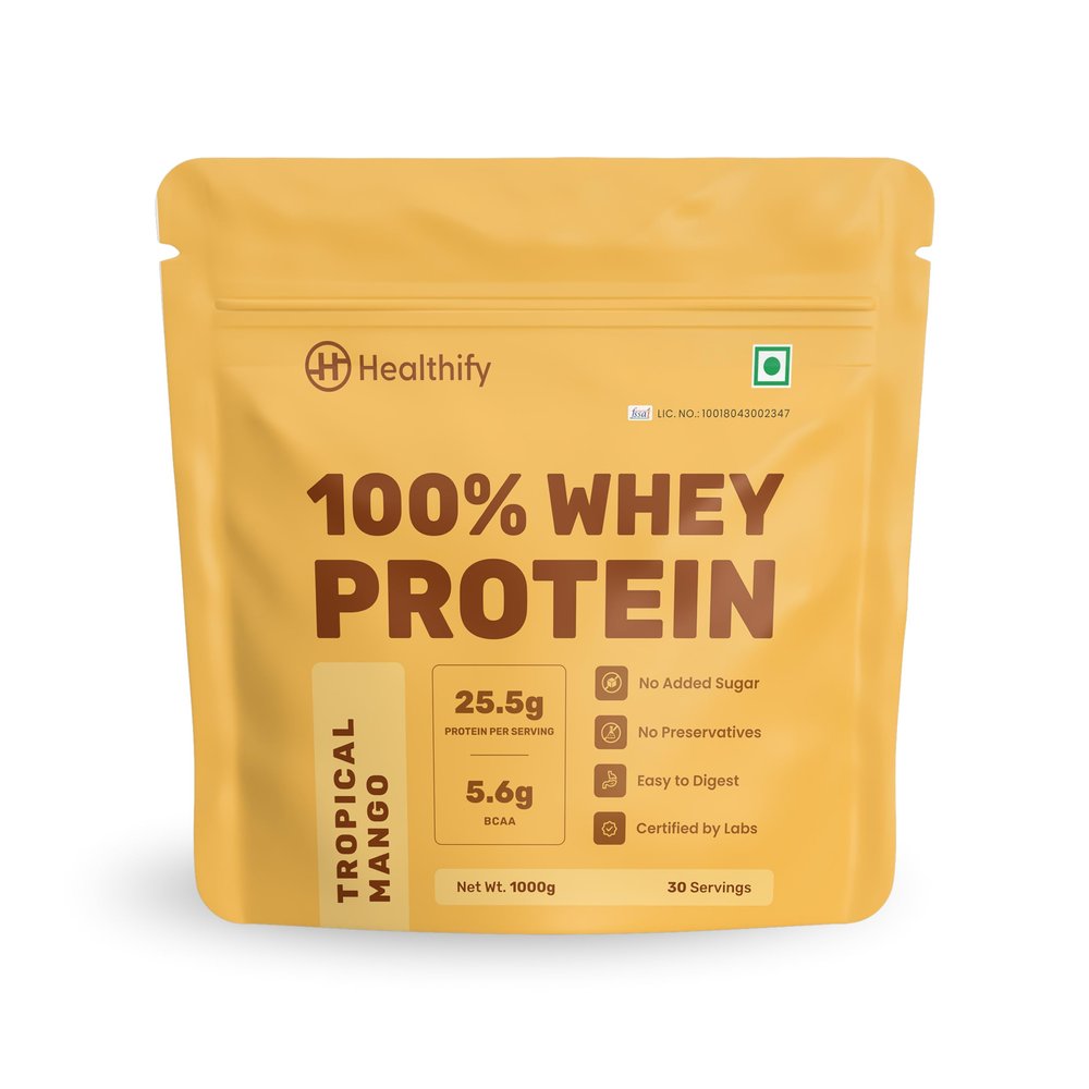 Healthifyme 100% Whey Protein Powder- 1 KG, Isolate & Concentrate, With Digestive Enzymes, 25.5gm protein, No added Sugar, Zero Preservatives, Muscle Support & Recovery (Mango)