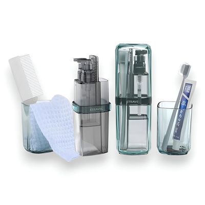 Toothbrush Travel Case, Portable Travel Kit 7 in 1, Toothbrush& Toothpaste Holder, Shampoo& Shower Gel Dispenser with Double Leak Proof, Comes with Towel, Toothbrush and Foldable Comb
