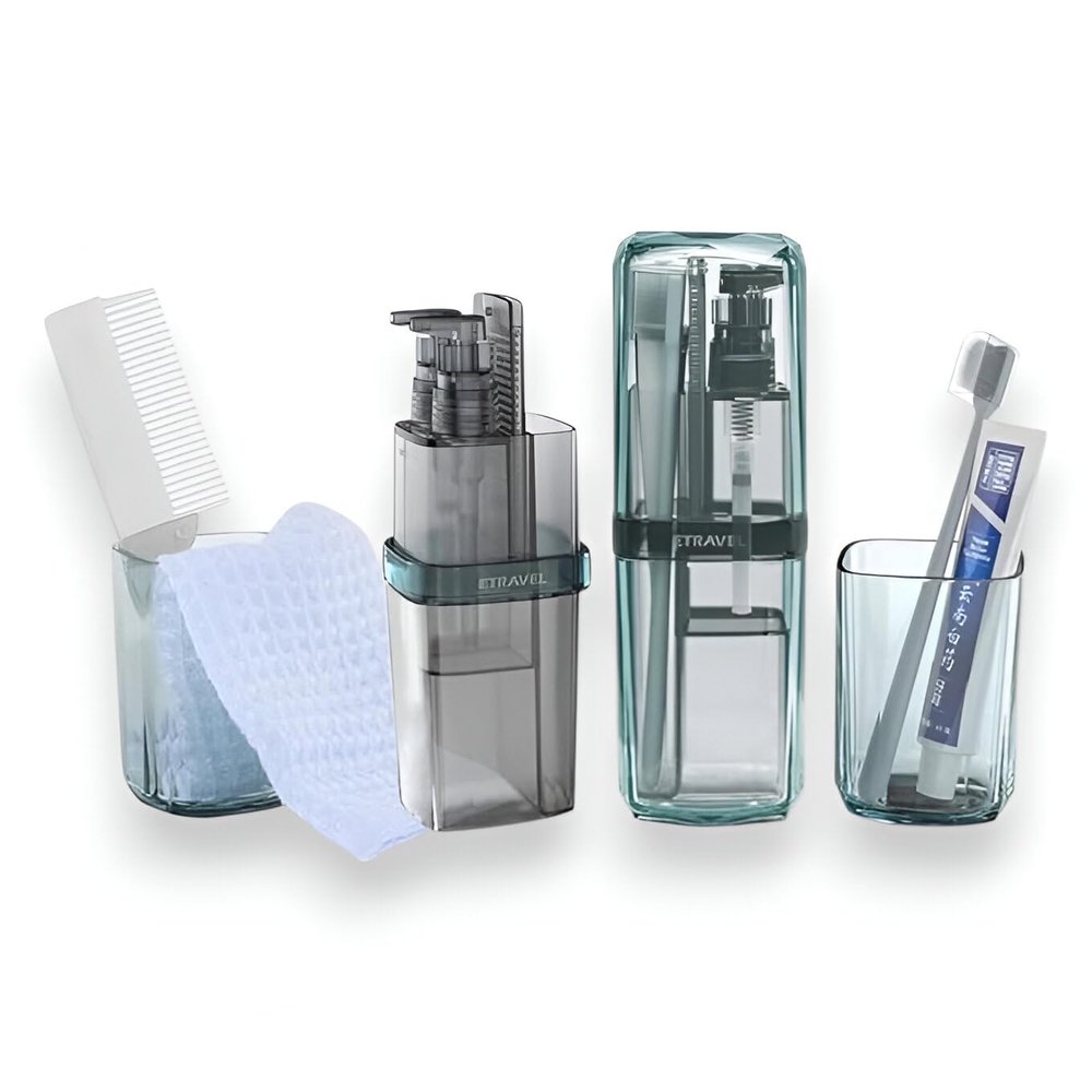 Toothbrush Travel Case, Portable Travel Kit 7 in 1, Toothbrush& Toothpaste Holder, Shampoo& Shower Gel Dispenser with Double Leak Proof, Comes with Towel, Toothbrush and Foldable Comb