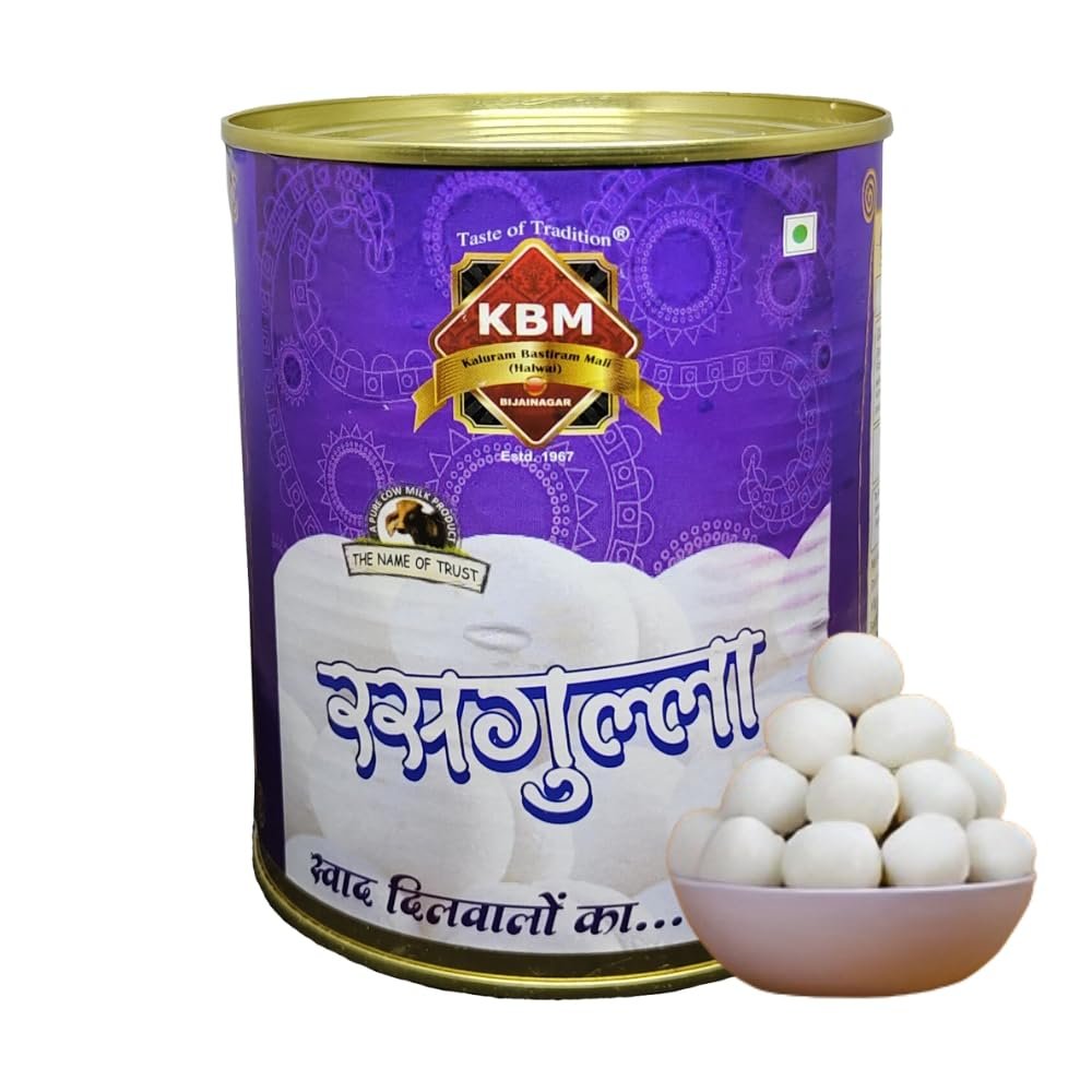 KBM Open & Eat Rasgulla Tin Mouth-Watering Indian Mithai, Deliciously Sweet Authentic Indian Dessert Delight, 1 Kg