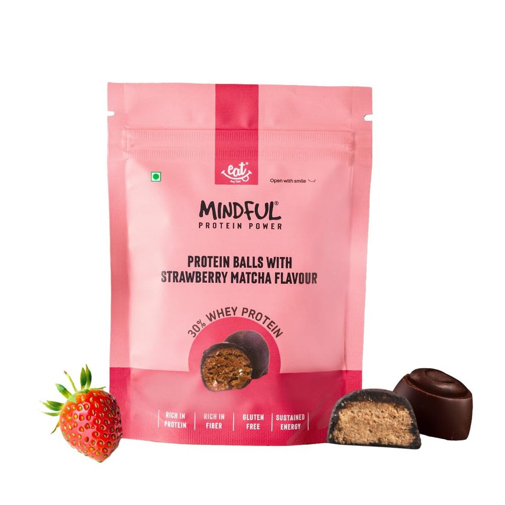 EAT Anytime Strawberry Matcha Protein Balls | 30% Whey Protein | Fiber | Gluten Free Snacks, No Added Sugar | Pack of 2-70gm/Per Pack | 7 Balls in Each Packet
