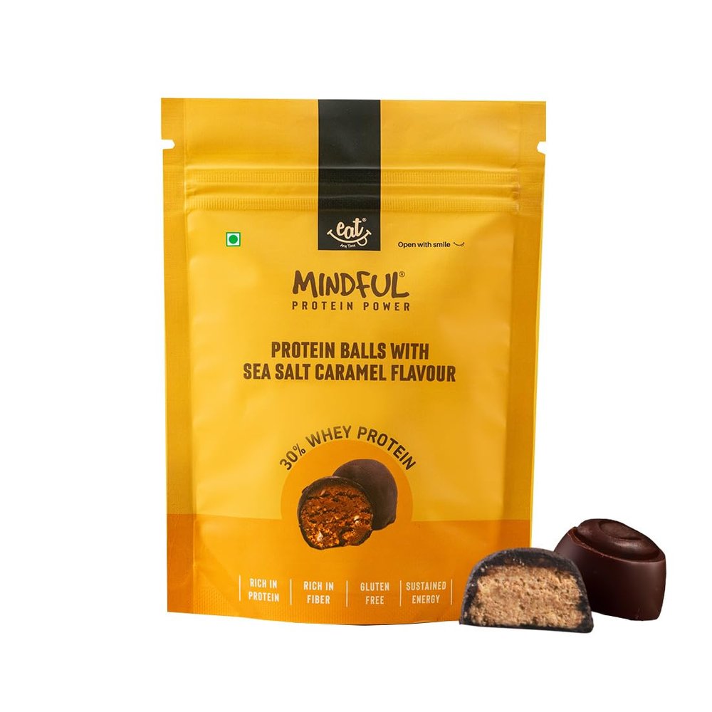 Eat Anytime Sea Salt Caramel Protein Balls | 30% Whey Protein | Rich in Fiber | Gluten Free Snacks, No Added Sugar | Pack of 2-70gm/Per Pack | 7 Balls Each Packet