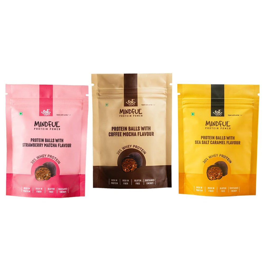 Eat Anytime Protein Balls | 30% Premium Whey Protein | High Protein & Fiber Snack | No Added Sugar | Gluten-Free | Caramel, Strawberry & Mocha | 70g/ Per Pack | 7 Balls Each Packet - (Pack of 3)