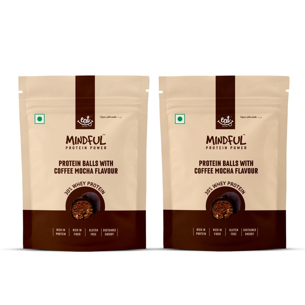 Eat Anytime Coffee Mocha Protein Balls | 30% Whey Protein | Rich In Protein & Fiber | Gluten Free Snacks, No Added Sugar | Pack of 2-70gm/Per Pack | 7 Ball Each Packet