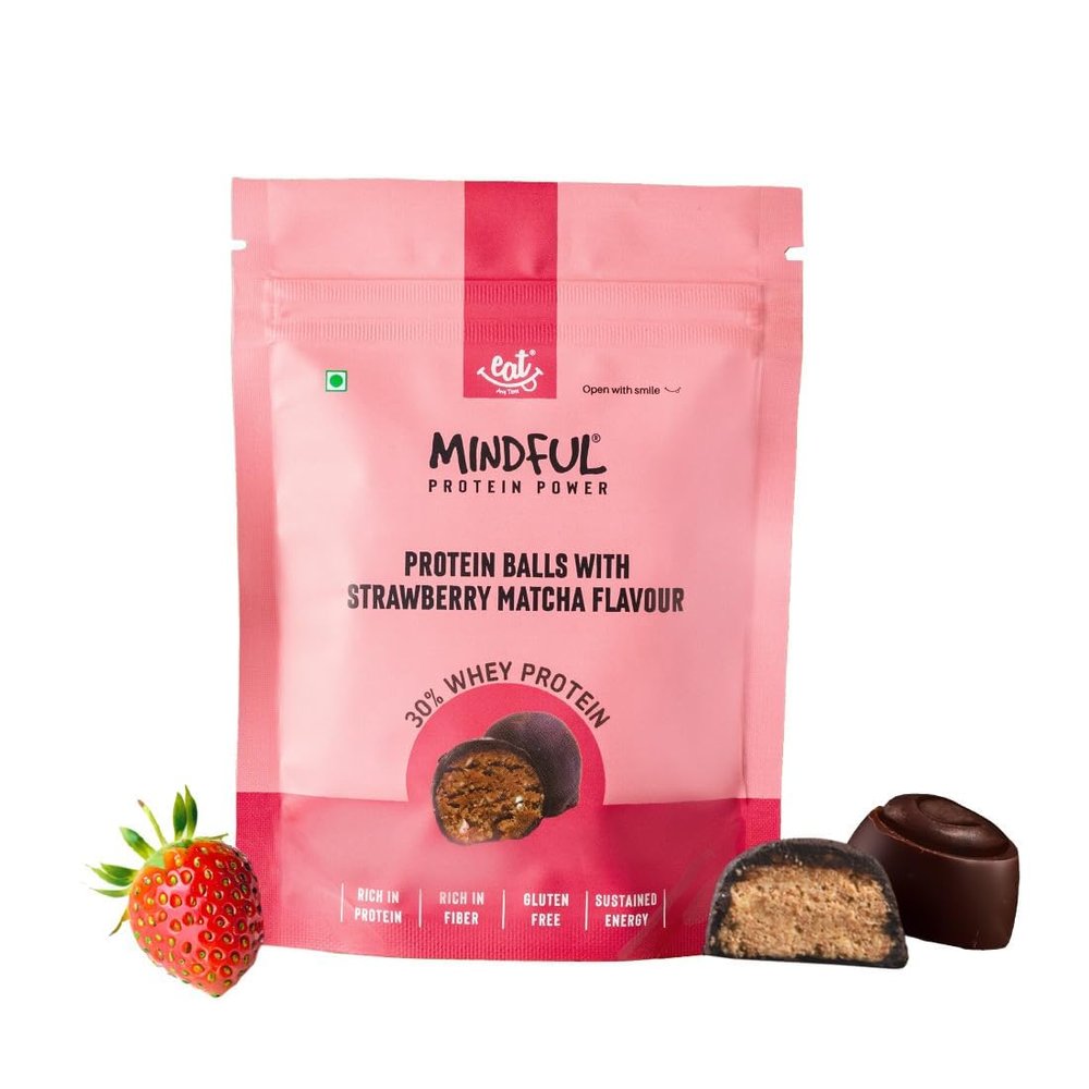 EAT Anytime Strawberry Matcha Protein Balls | 30% Whey Protein | Fiber | Gluten Free Snacks, No Added Sugar | Pack of 3-70gm/Per Pack | 7 Balls in Each Packet