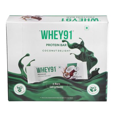 Whey91 Coconut Delight Protein Bar, 20g Protein & 5.8g Fiber in each, No Added Sugar, No Artificial Flavour, 390g- (Pack of 6)