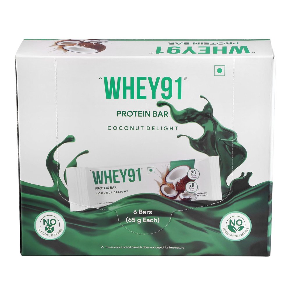Whey91 Coconut Delight Protein Bar, 20g Protein & 5.8g Fiber in each, No Added Sugar, No Artificial Flavour, 390g- (Pack of 6)
