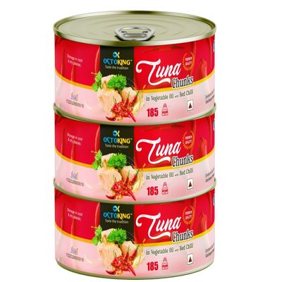 Octoking Canned Tuna Chunks in Oil with Red Chilli, 185g, Pack of 3
