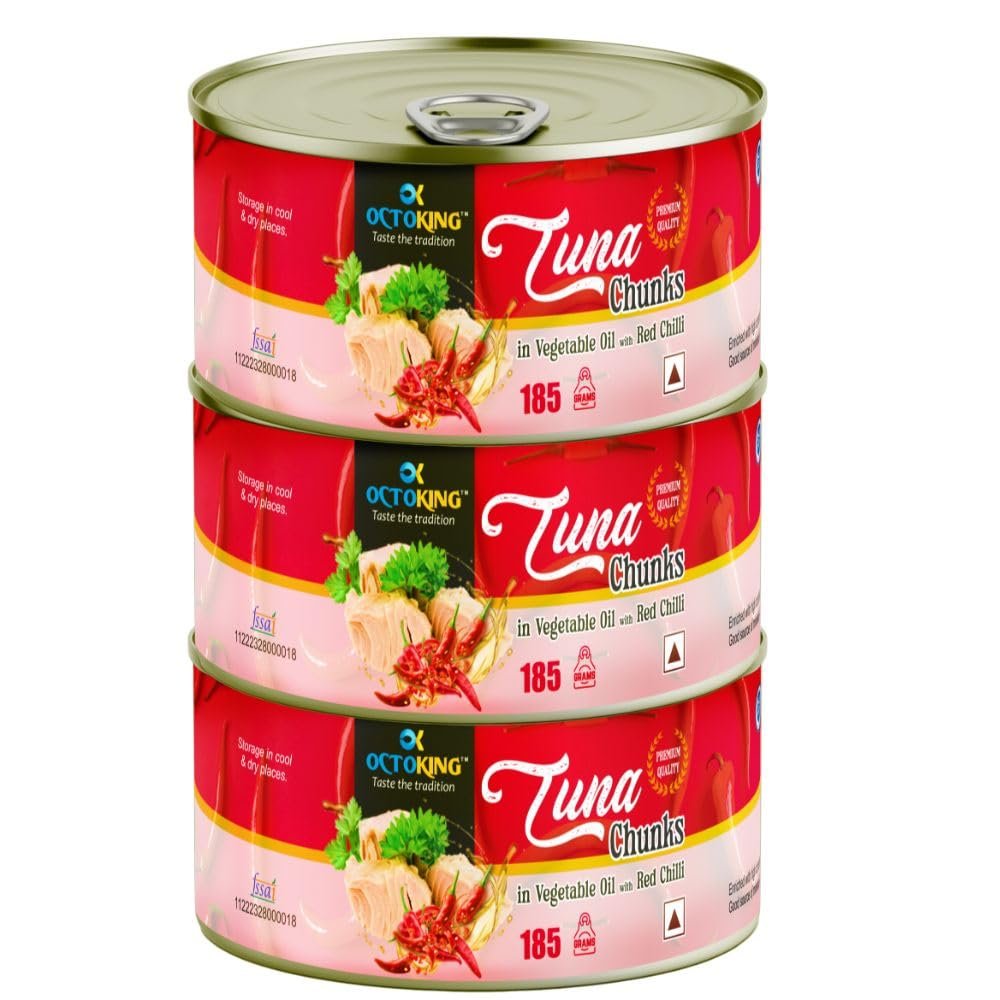 Octoking Canned Tuna Chunks in Oil with Red Chilli, 185g, Pack of 3