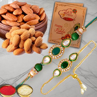 AWANI TRENDS Rakhi Gift Hamper for Brother Bracelet Bhabhi - with Dry Fruits 100gm (Almonds) Greeting Card Roli Chawal Pack