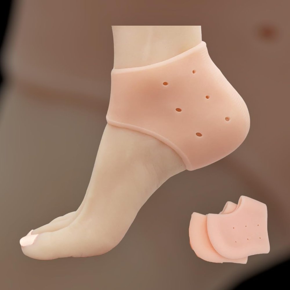 Silicone Gel Heel Pad Socks for Pain Relief | Heel Swelling Pain Relief | Anti Crack Moisturizing Socks for Dry Hard Cracked Ankles | Man and Women Gel Heel Protectors Free Size (Beige)