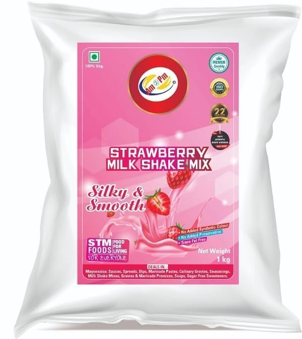Am 2 Pm - Premium Silky Smoothy Milkshake Mix - 1 Kg | 100% Veg | Flavoured Milk shake Premix Powder | Instant Premix Drink Smooth and Velvety Milkshake Powder | Easy to Make Classic Drink (Pack of 1, Strawberry Milk Shake Mix)