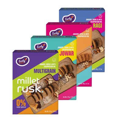 Early Foods - Pack of 4 : Ragi, Jowar, Multigrain & Wheat Rusks | Millet Toast Sugar Free | No Maida Rusk | Rusks for Kids | Millet Toast Biscuits Rusk 163g x 4