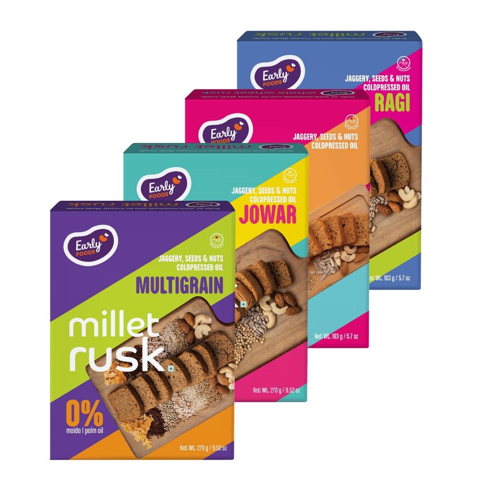 Early Foods - Pack of 4 : Ragi, Jowar, Multigrain & Wheat Rusks | Millet Toast Sugar Free | No Maida Rusk | Rusks for Kids | Millet Toast Biscuits Rusk 163g x 4