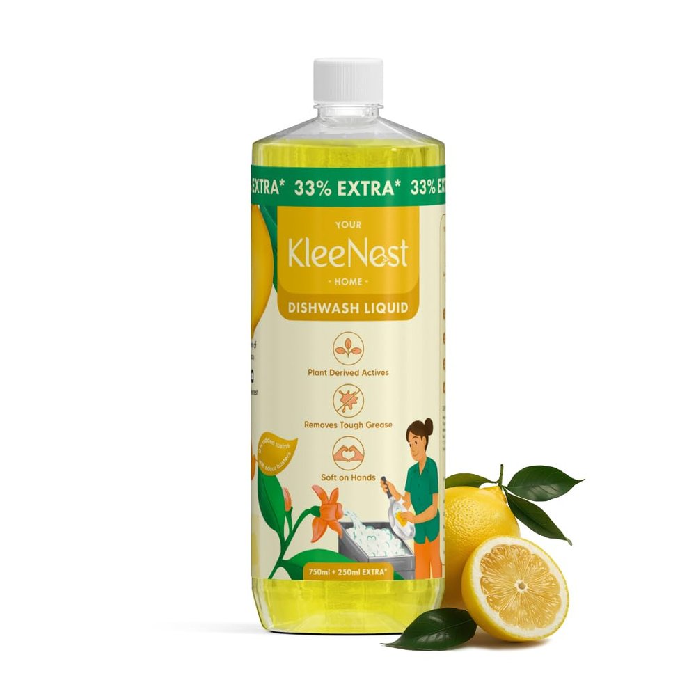 Kleenest Natural Dishwash Liquid 1 litre | With Lemon Odour Busters | Removes Tough Grease, Soft on Hands | Plant-Derived Actives, LABSA & Paraben free | Safe for Baby & Pet Utensils