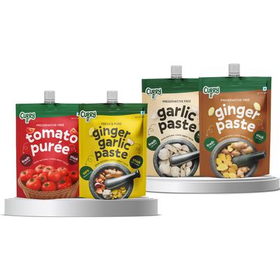 CURRYiT Fresh & Pure Ready To Cook Paste Combo 300 gm Each (Pack of 4) | Thick & Flavourful | Ginger, Garlic, Ginger-Garlic Paste & Tomato puree | No Added Preservatives | Homemade & Easy To Use