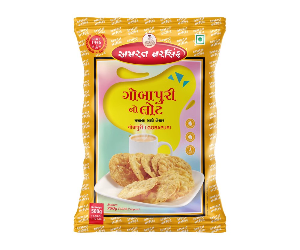 AMRAT NARSIH Gujarati Namkeen Gobapuri - 500 Gram | Crispy Black Pepper & Cumin Puri, Surti Style Snack | Makes 750g Puris approx (Pack Of 1)