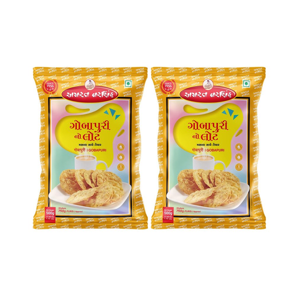 AMRAT NARSIH Gujarati Namkeen Gobapuri - 500 Grams | Crispy Black Pepper & Cumin Puri, Surti Style Snack | Makes 750g Puris approx (Pack Of 2)