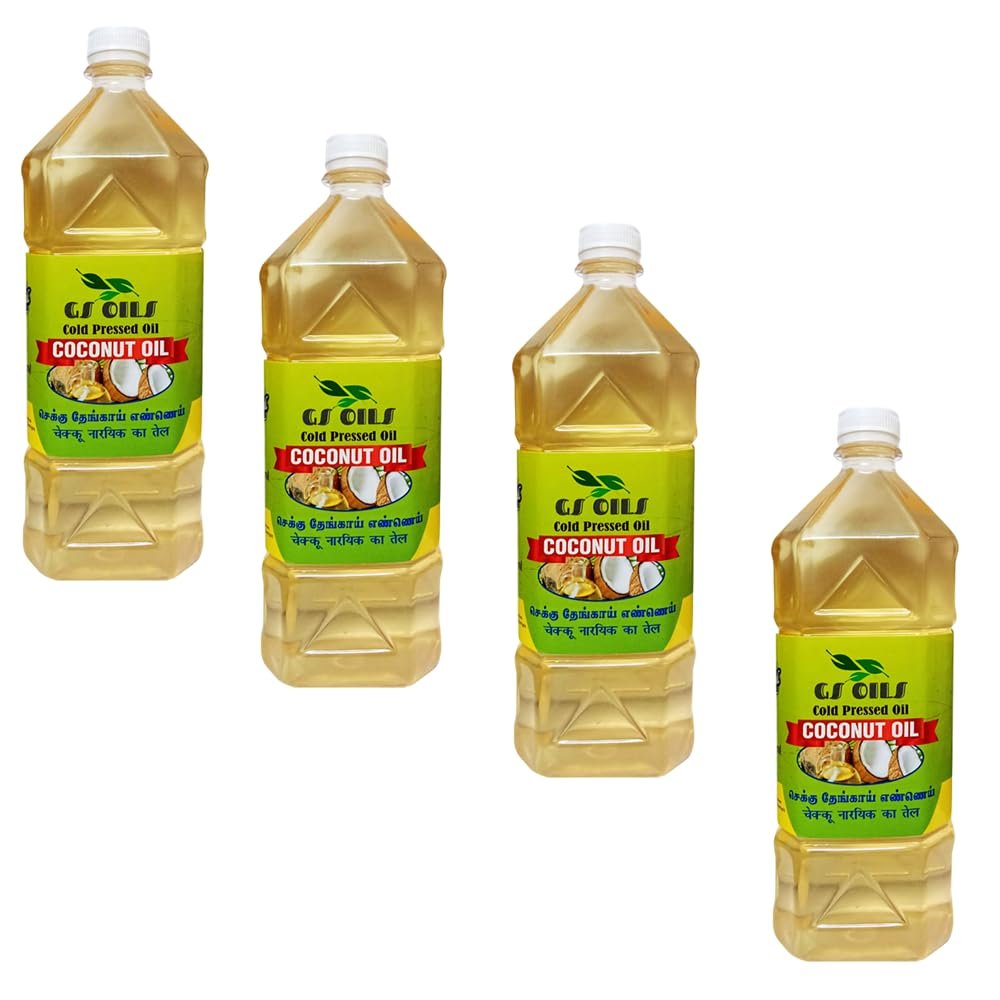 GS OILS Cold Pressed Coconut Oil | Pure & Natural | Coconut Oil for Cooking, Hair & Skin (1ltr, Pack of 4)
