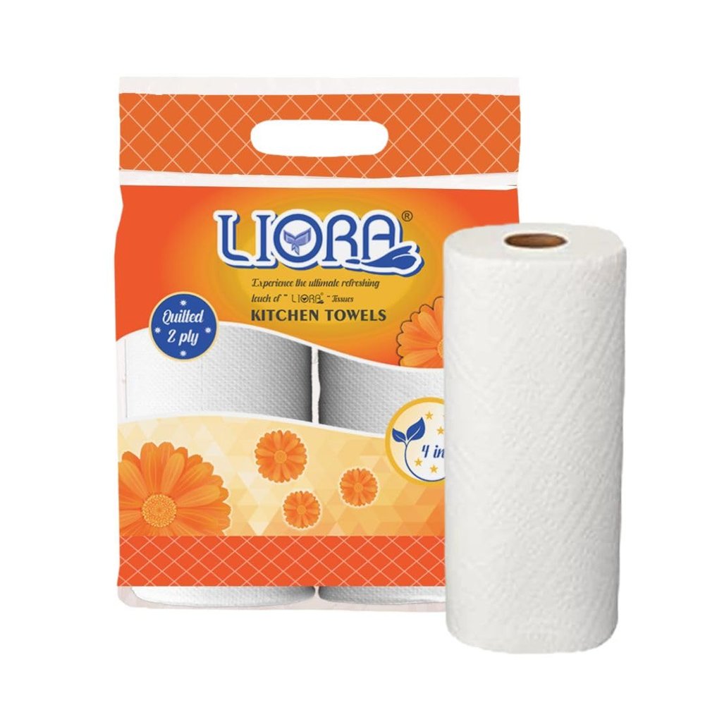 Liora 2 Ply Kitchen Tissue/Towel Paper Roll | 240 Pulls | 60 Pulls x 4 Rolls | Soft and Highly Absorbent | 100% Natural Virgin Cellulose Fiber