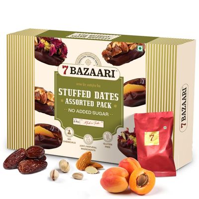 7 BAZAARI Healthy Stuffed Dates | Premium Assorted Box with Almond, Pistachio, Apricot & Honey | No Added Sugar, Gluten-Free, Natural Festival Sweets Gift Pack