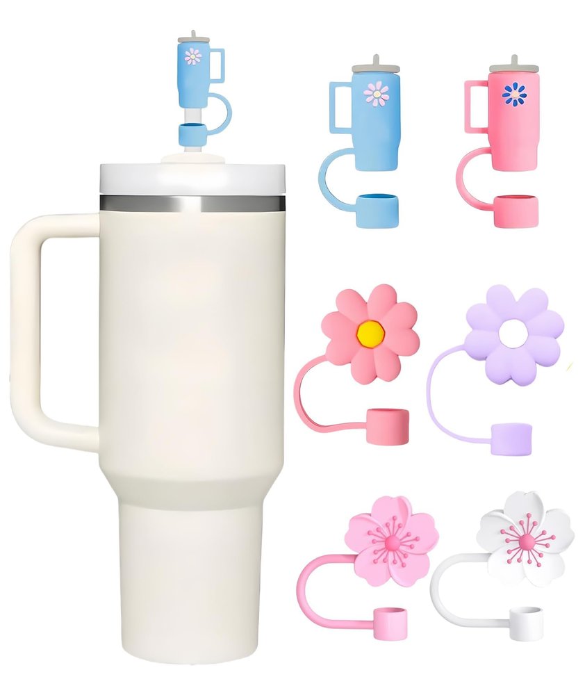 6 pcs Stanley Cup Accessories, PVC Cup Straw Sleeves,Reusable Silicone Straw Cover Cap, Flower Shaped Silicone Straw Cover, Accessories are Suitable for 10mm Straws
