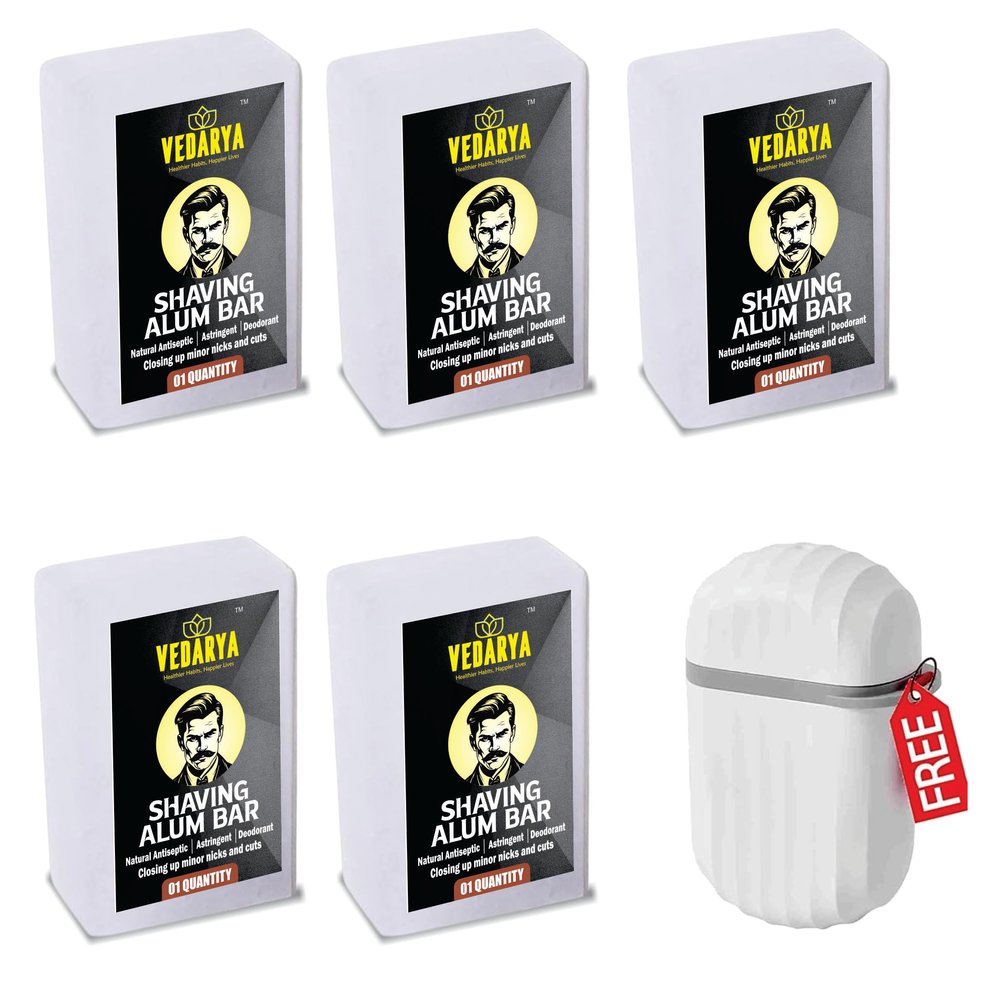 Vedarya Natural Alum Bar - 100g (PACK OF 5) with a Travel Case | Alum Block | Fitkari Stone Bar | Phitkari Alum Stone for Aftershave. Razor Burn Relief, Sweat Control , Skin Soothing, Skin Tightening, Water Purification, Underarm Deodrant| Long-Lasti