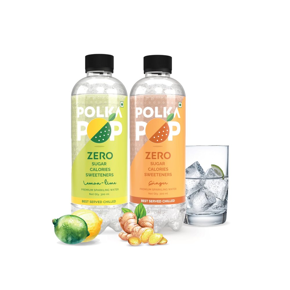 POLKA POP - Flavoured Sparkling (Fizzy) Water | Lemon Lime & Ginger | Pack of 24 (300 ml Each) | 100% Natural Flavour | Zero Sugar & Zero Calories | No Aspartame or Stevia