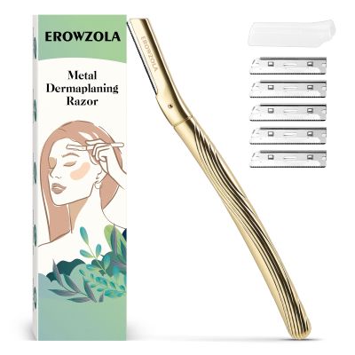 EROWZOLA Dermaplaning Tool for Face, Eyebrow Razor for Women and Men, Eyebrow Trimmer and Facial Shaver Dermaplane Razor for Peach Fuzz Hair and Exfoliation, Includes 6 blades (Royal Gold)