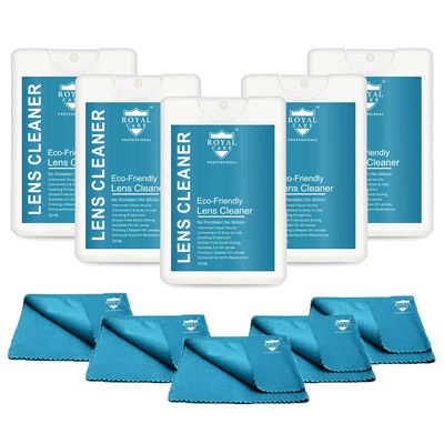 Royal Care LENS CLEANER 20 ML (PACK OF 5) + 5 CLOTH Perfect Lens Cleaner for Spectacles, Eyeglasses, Sunglasses, Camera Lenses and Binoculars (BASIC Ultra COMBO KIT 250 ML)