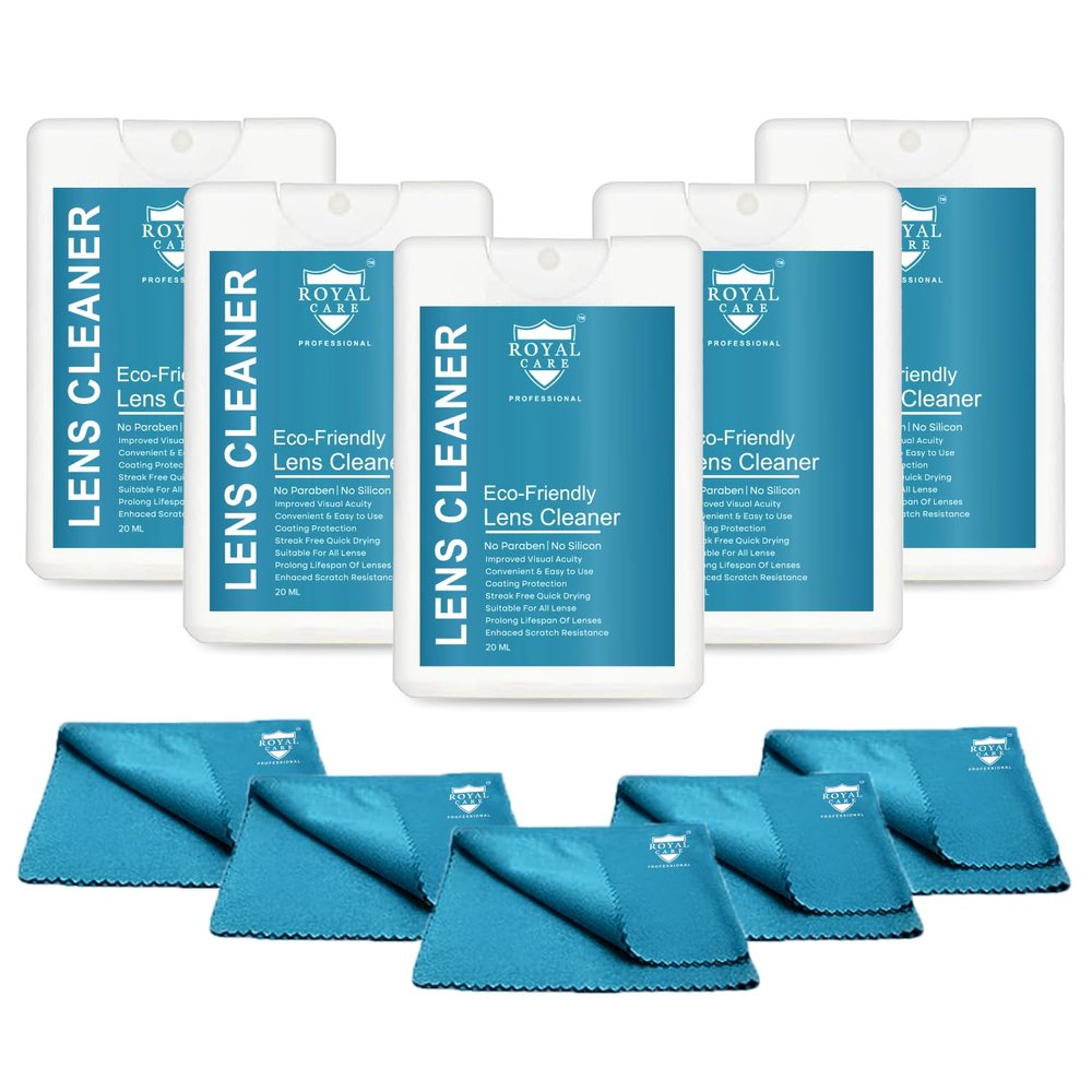 Royal Care LENS CLEANER 20 ML (PACK OF 5) + 5 CLOTH Perfect Lens Cleaner for Spectacles, Eyeglasses, Sunglasses, Camera Lenses and Binoculars (BASIC Ultra COMBO KIT 250 ML)