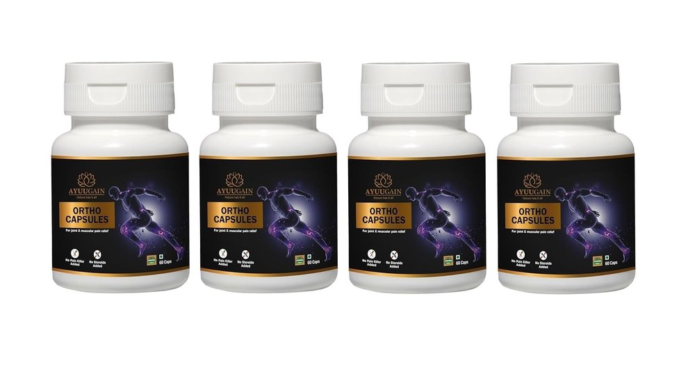 Ayuugain Ortho Capsules, Joint & Muscle Strength Support, Back, Knee, Leg, Neck, Shoulder Pain Relief, 60 Veg. Capsules (Pack of 4)