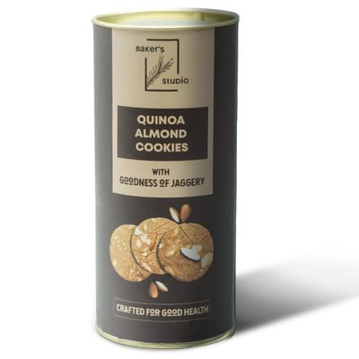 Baker's Studio Quinoa Almond Cookies 200gm- Gluten-Free, No Maida & No Sugar | Naturally Sweetened with Jaggery, Enriched with Almonds, Quinoa Flour, and Coconut | Thin, Crispy & Nutritious Snack