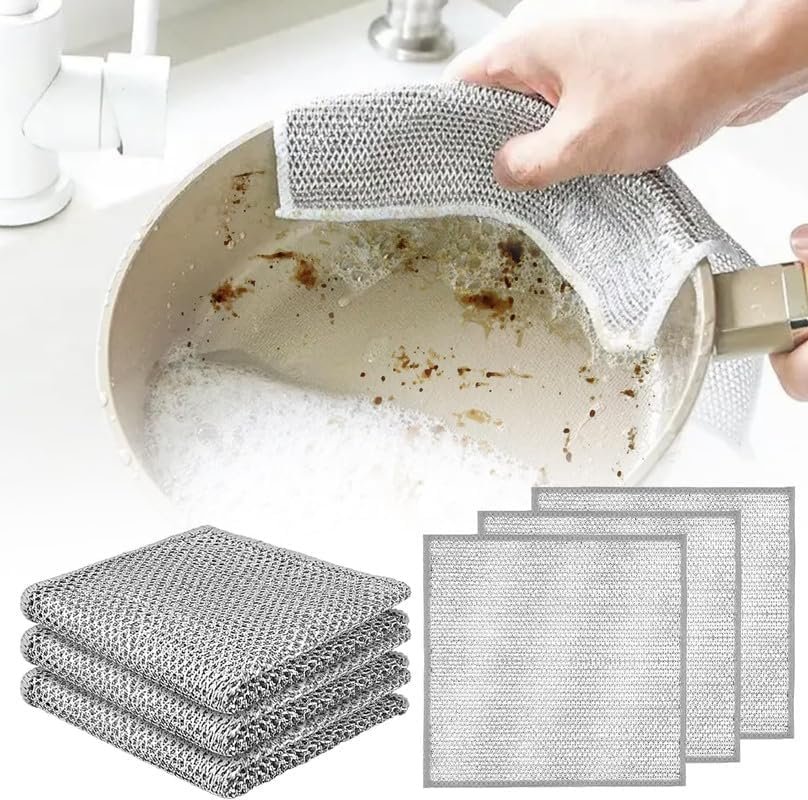 BAGUE Double Layer Dishwashing Rags, Stainless Steel Scrubber, Non-Scratch Wire Dishcloth for Kitchen, Sink, Counter Cleaning (6)